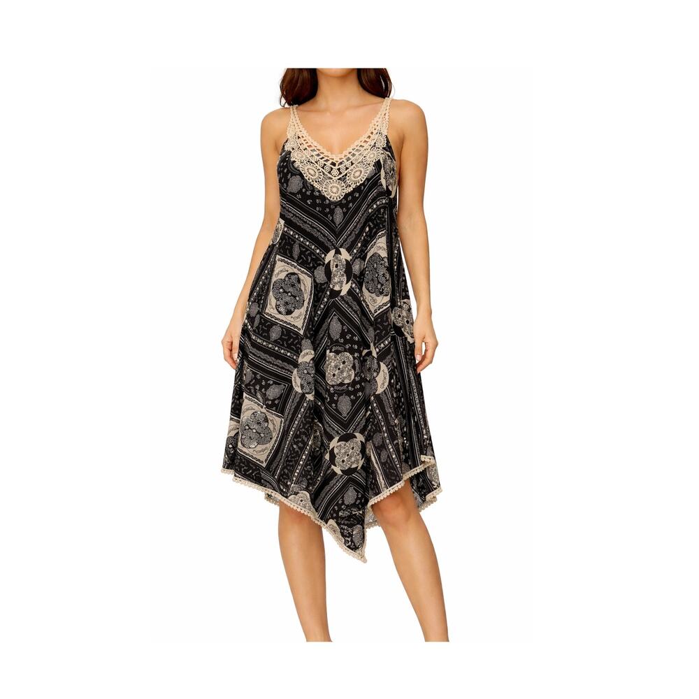 Mudd DressWomens Size M Black Boho Handkerchief Hem Pom Pom Trim Sleeveless